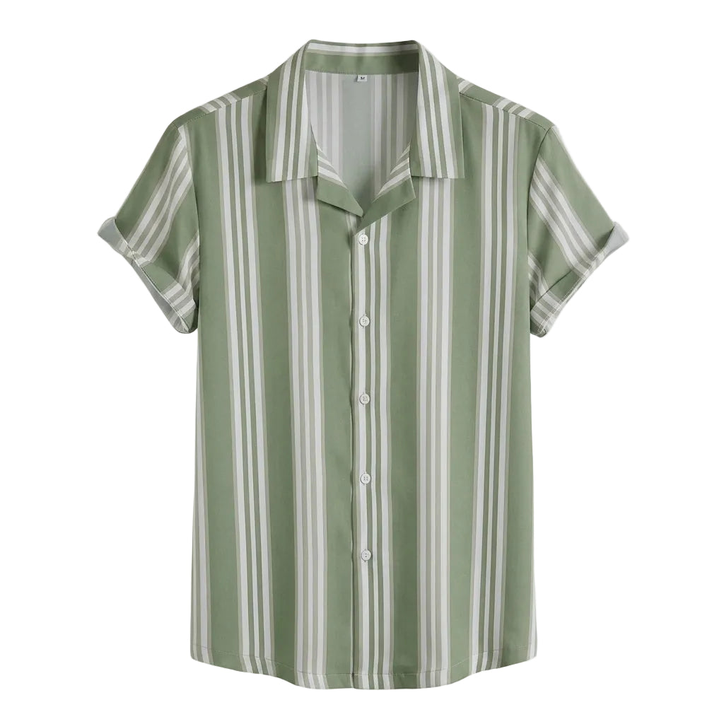 Green and white striped shirt on a light gray background