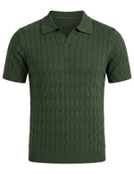 Green cable knit polo shirt on a light gray background
