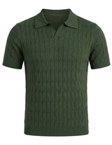 Green cable knit polo shirt on a light gray background