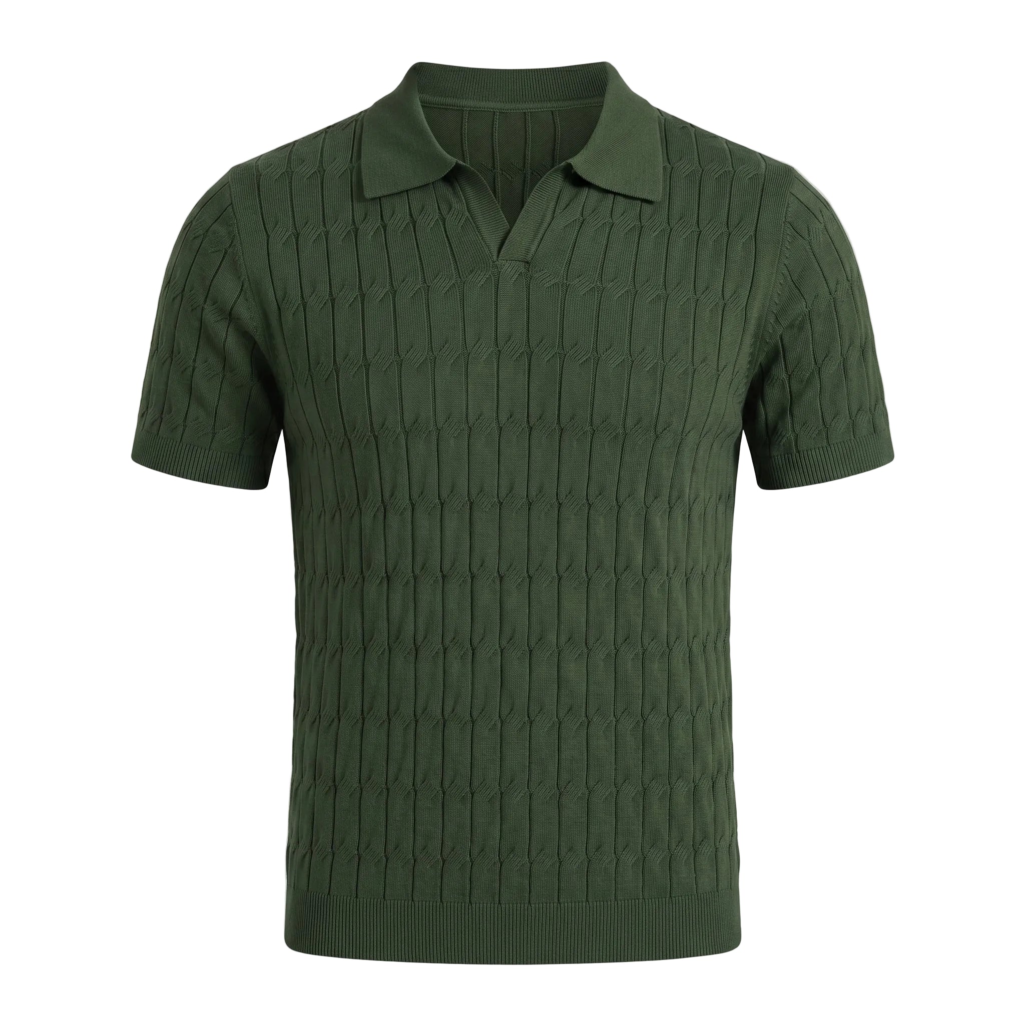 Green cable knit polo shirt on a light gray background