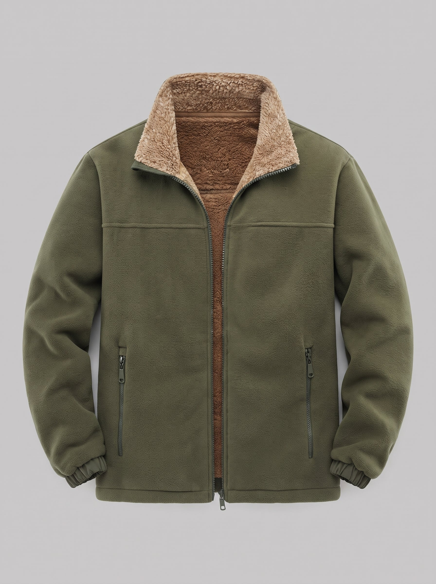 An olive green fleece jacket with a brown sherpa lining, featuring a zippered front, two zippered side pockets, and a ribbed collar, cuffs, and hem, shown against a solid gray background.
