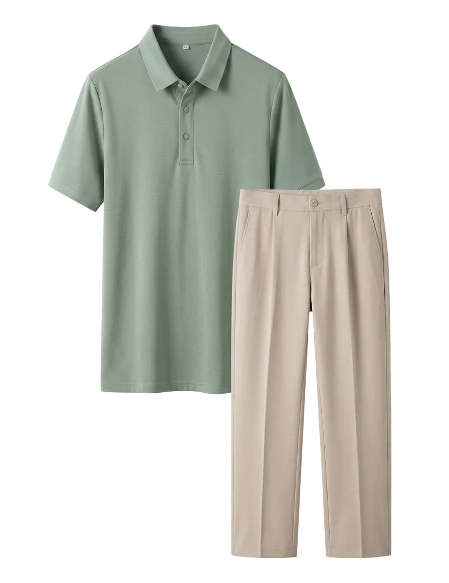 Green polo shirt and beige pants on a light gray background