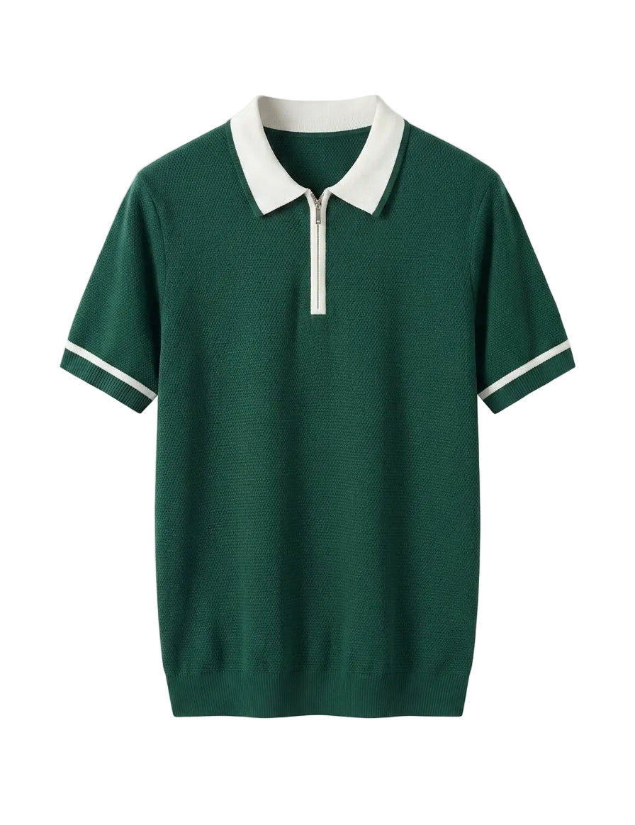 Green polo shirt with white collar and trim on a light gray background