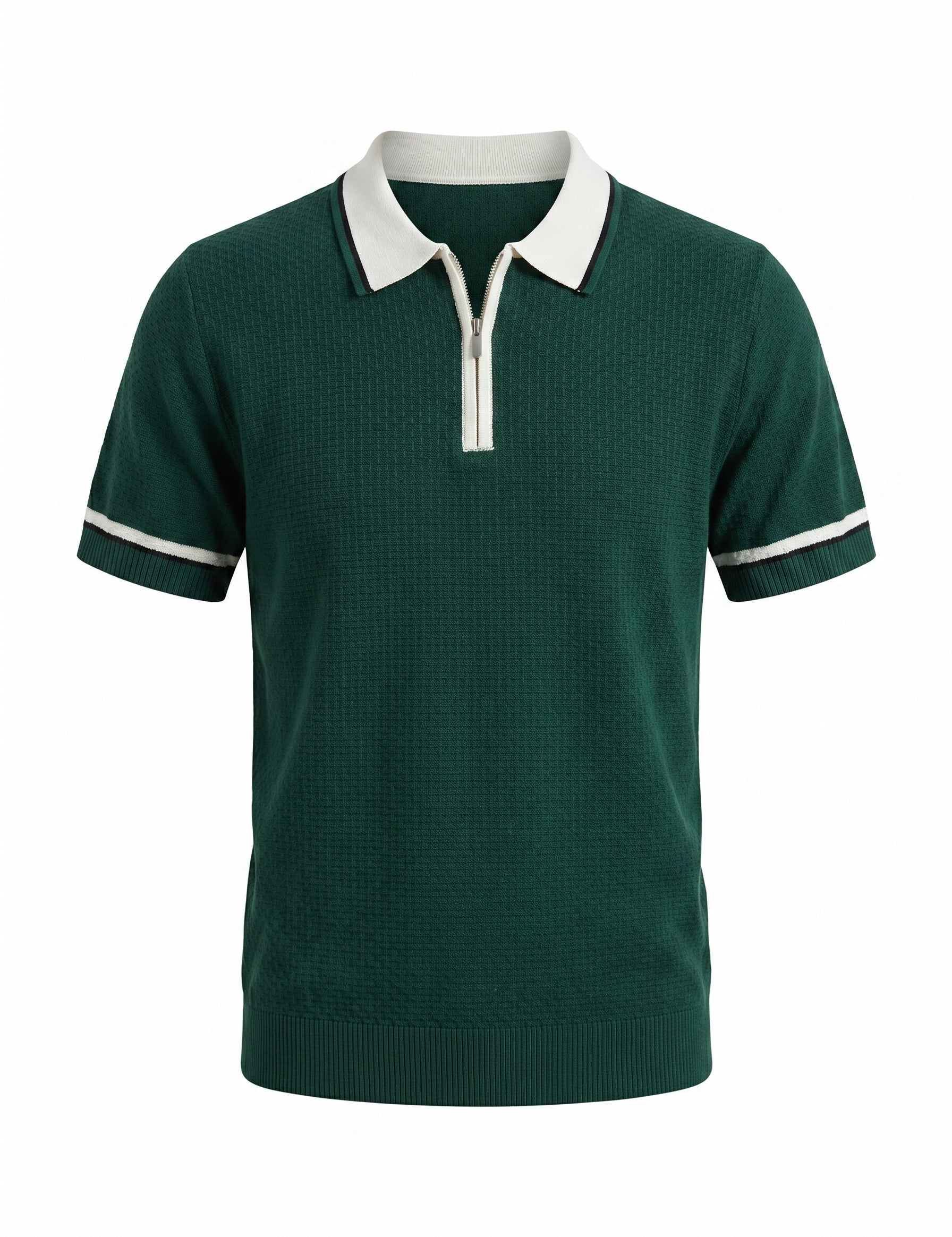 Green polo shirt with white collar and trim on a white background