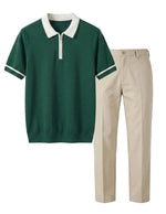 Green polo shirt with white collar and trim, paired with beige pants on a light gray background