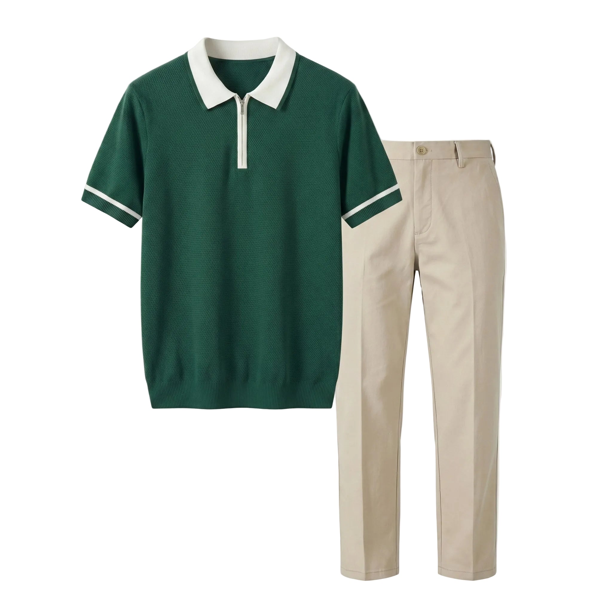 Green polo shirt with white collar and trim, paired with beige pants on a light gray background