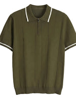 Green polo shirt with white trim on a light gray background