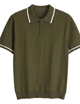 Green polo shirt with white trim on a light gray background