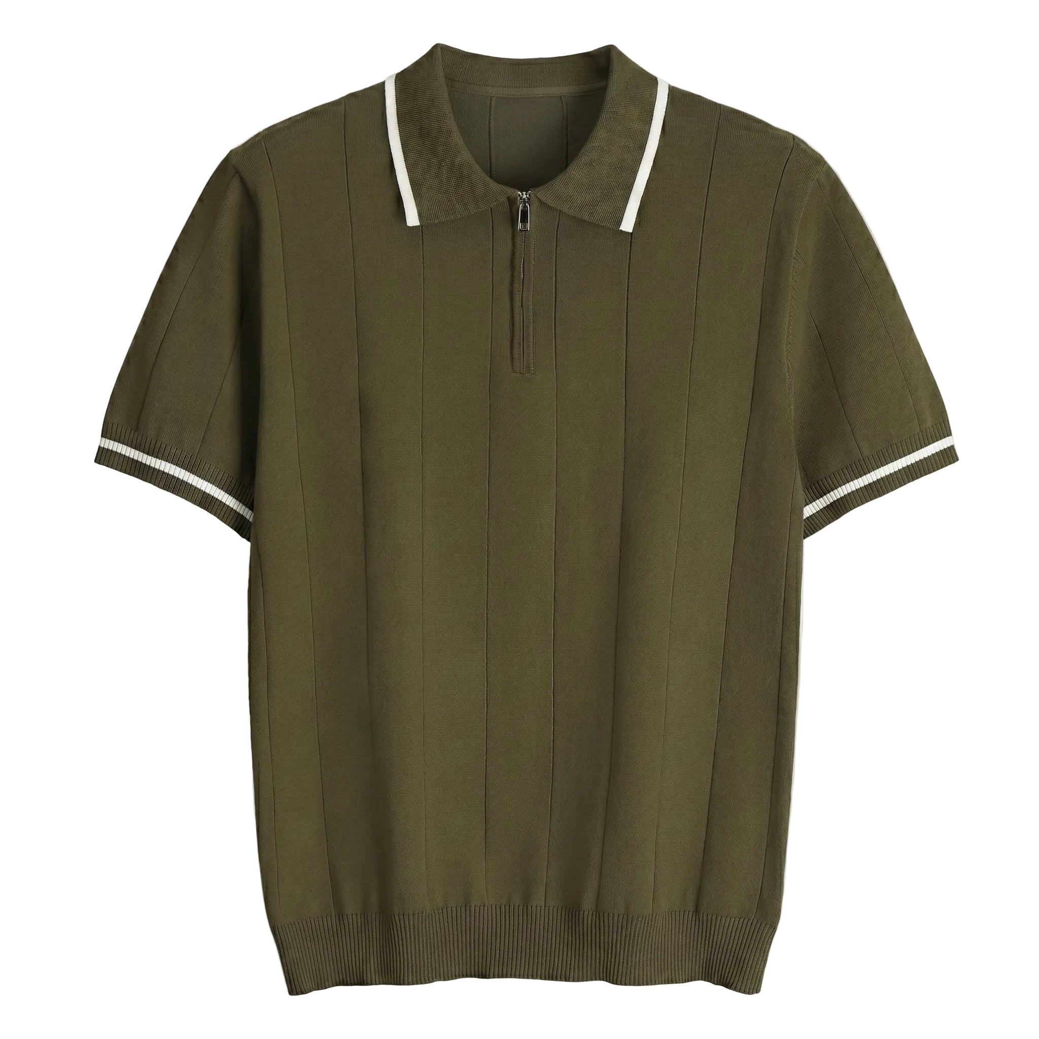 Green polo shirt with white trim on a light gray background