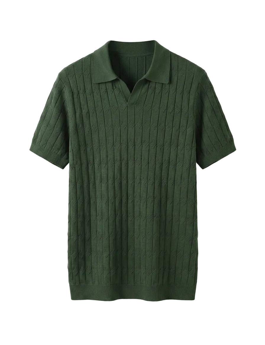 Green ribbed knit polo shirt on a light gray background