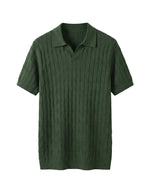 Green ribbed knit polo shirt on a light gray background