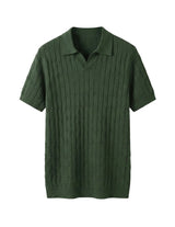 Green ribbed knit polo shirt on a light gray background