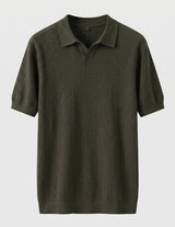 Green ribbed polo shirt on a light gray background