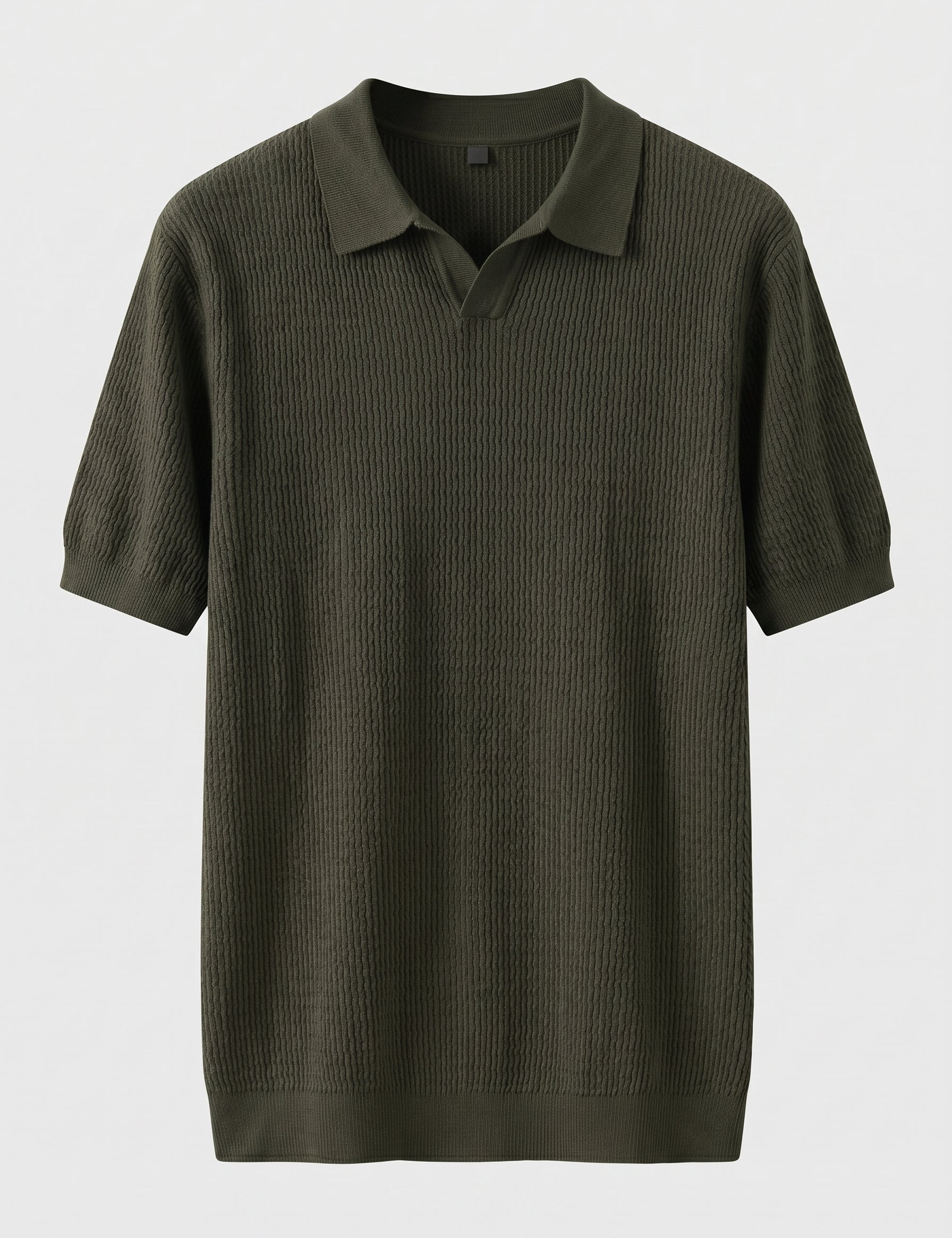 Green ribbed polo shirt on a light gray background