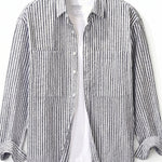 Grey and white striped men’s long sleeve button-up shirt