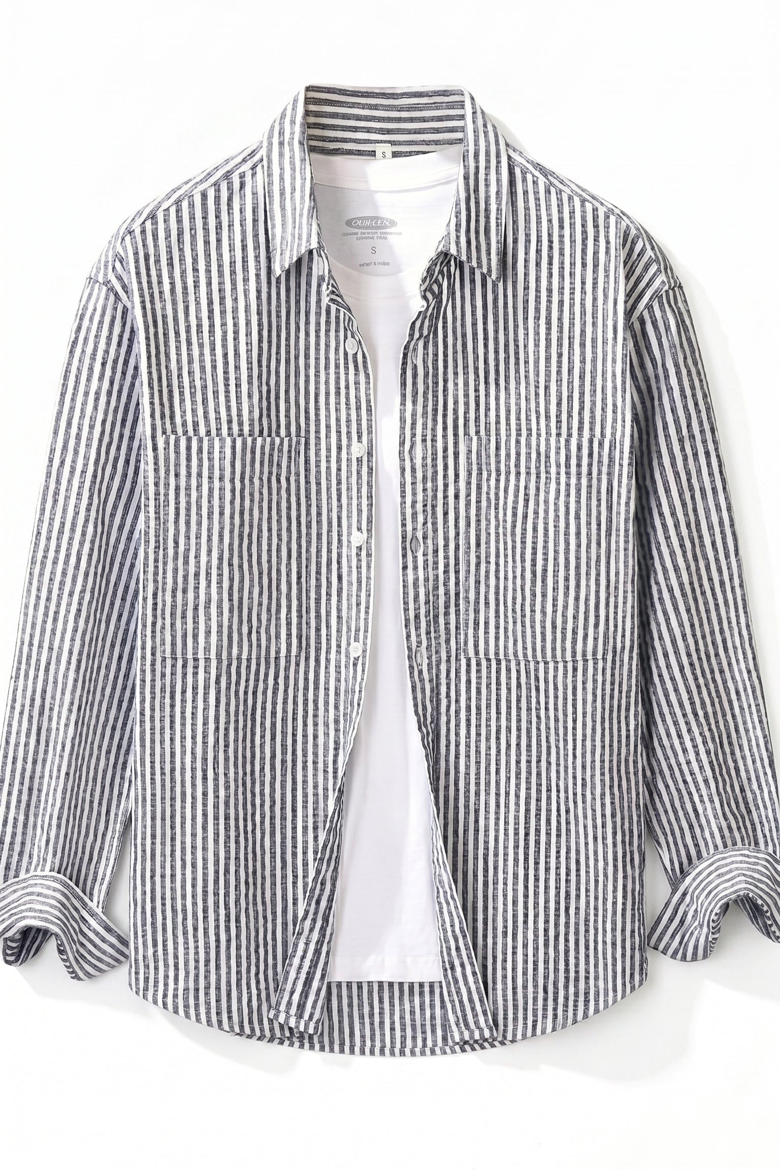 Grey and white striped men’s long sleeve button-up shirt