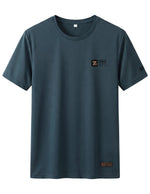 Dark blue t-shirt with a logo on a light gray background