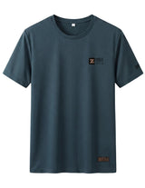 Dark blue t-shirt with a logo on a light gray background