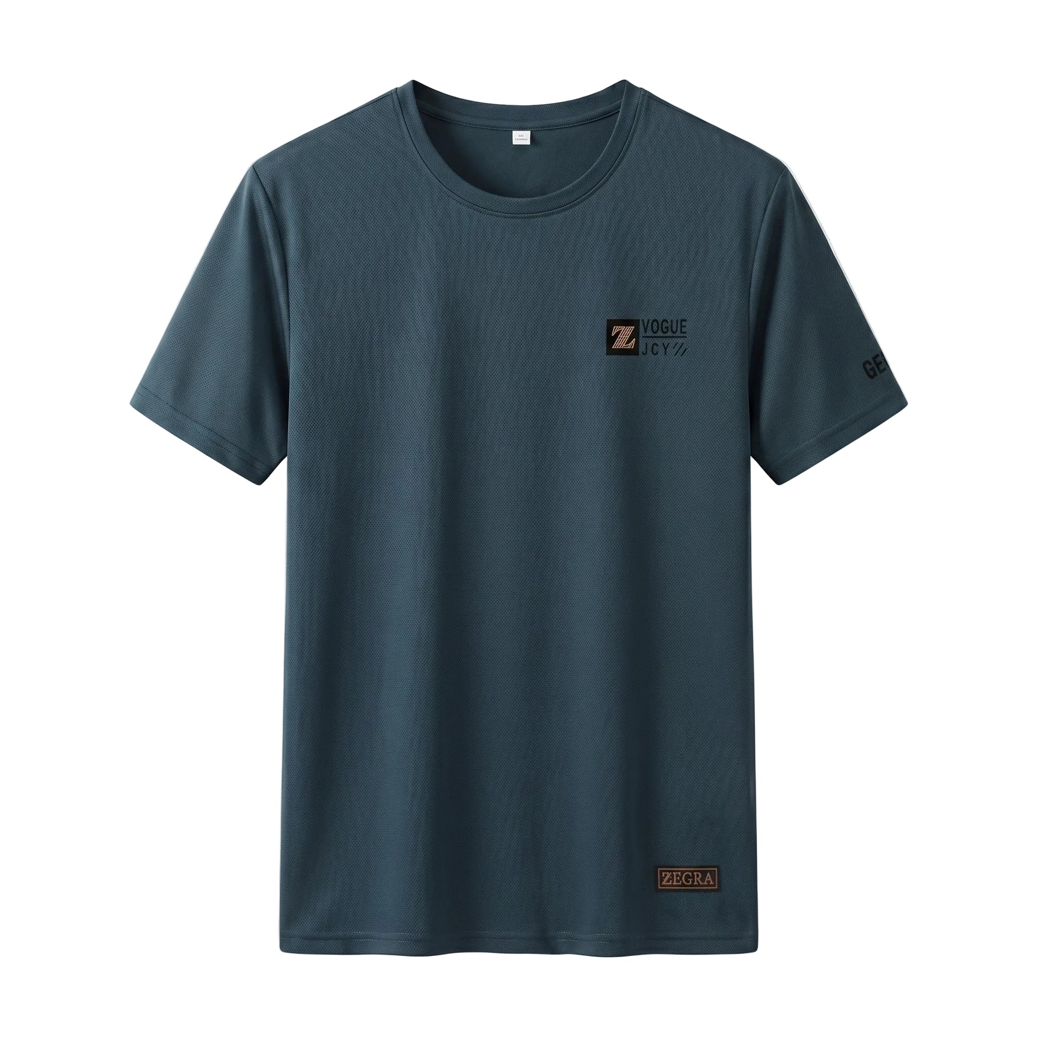 Dark blue t-shirt with a logo on a light gray background
