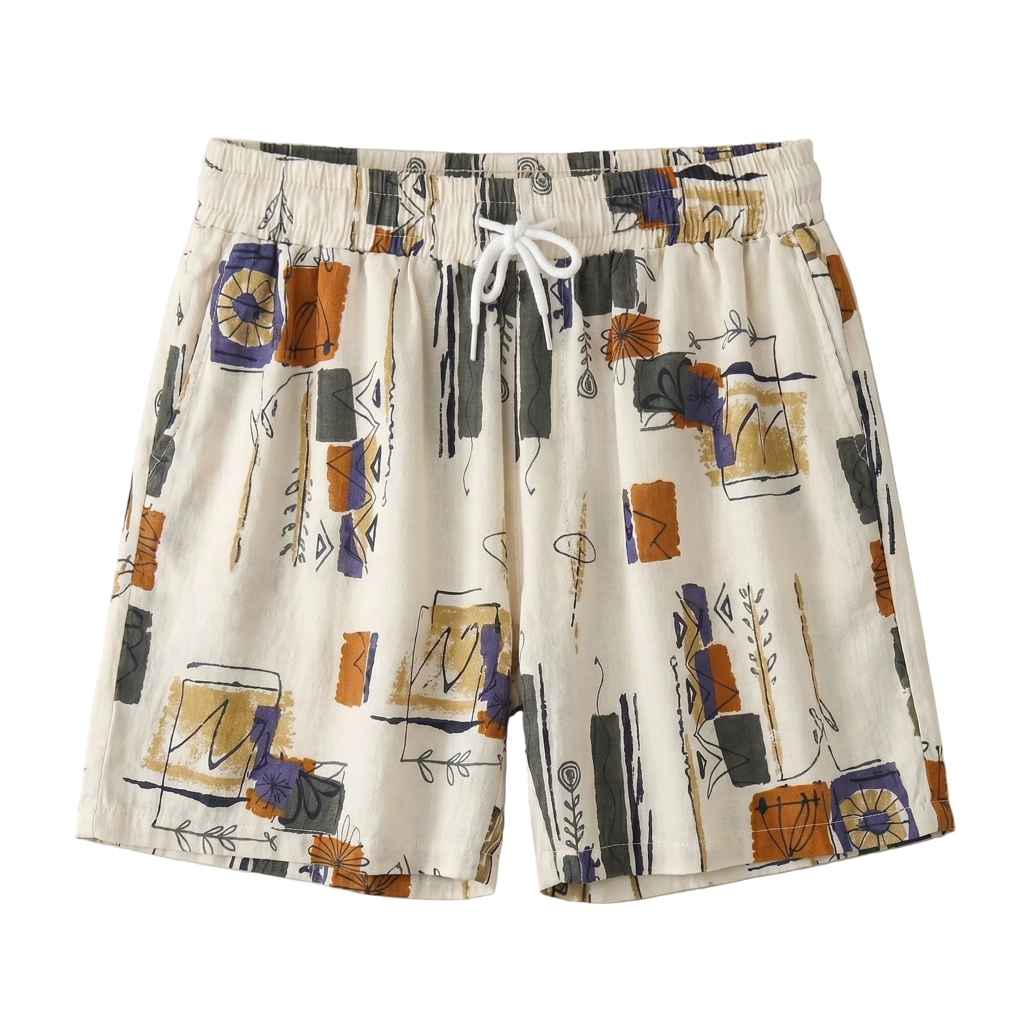 Ivory abstract print drawstring summer shorts with elastic waistband on a white background.