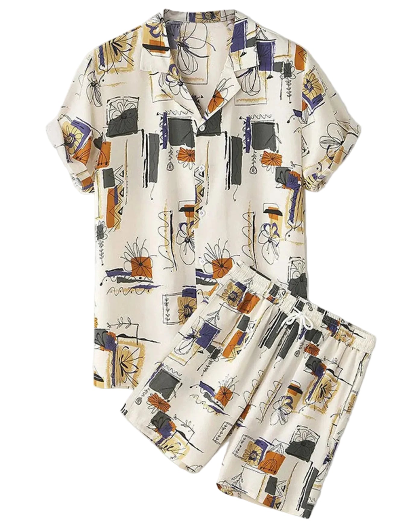 Ivory abstract print short-sleeve button-up shirt with matching summer shorts arranged on a white background.