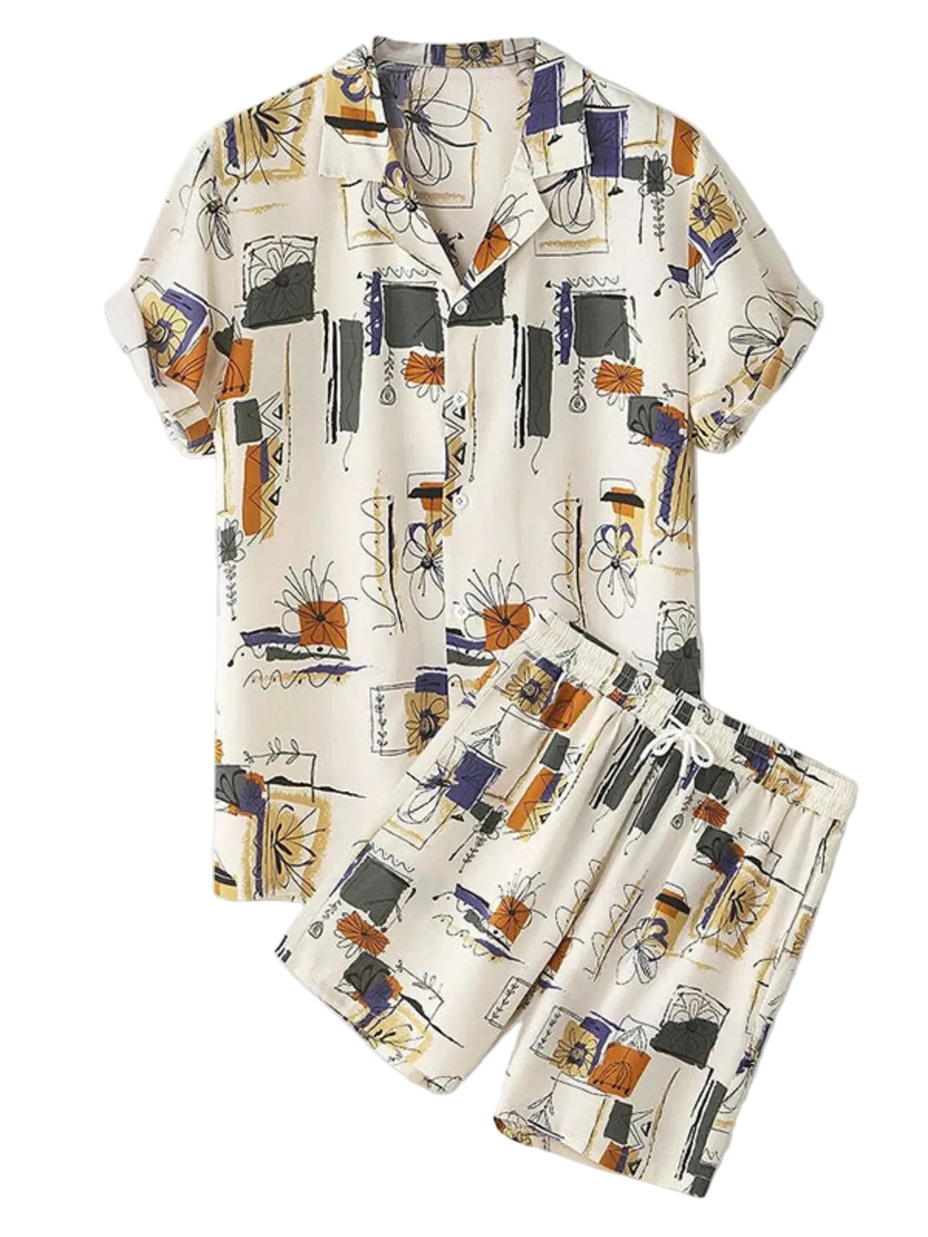 Ivory abstract print short-sleeve button-up shirt with matching summer shorts arranged on a white background.