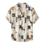 Ivory abstract print short-sleeve button-up summer shirt on a white background.