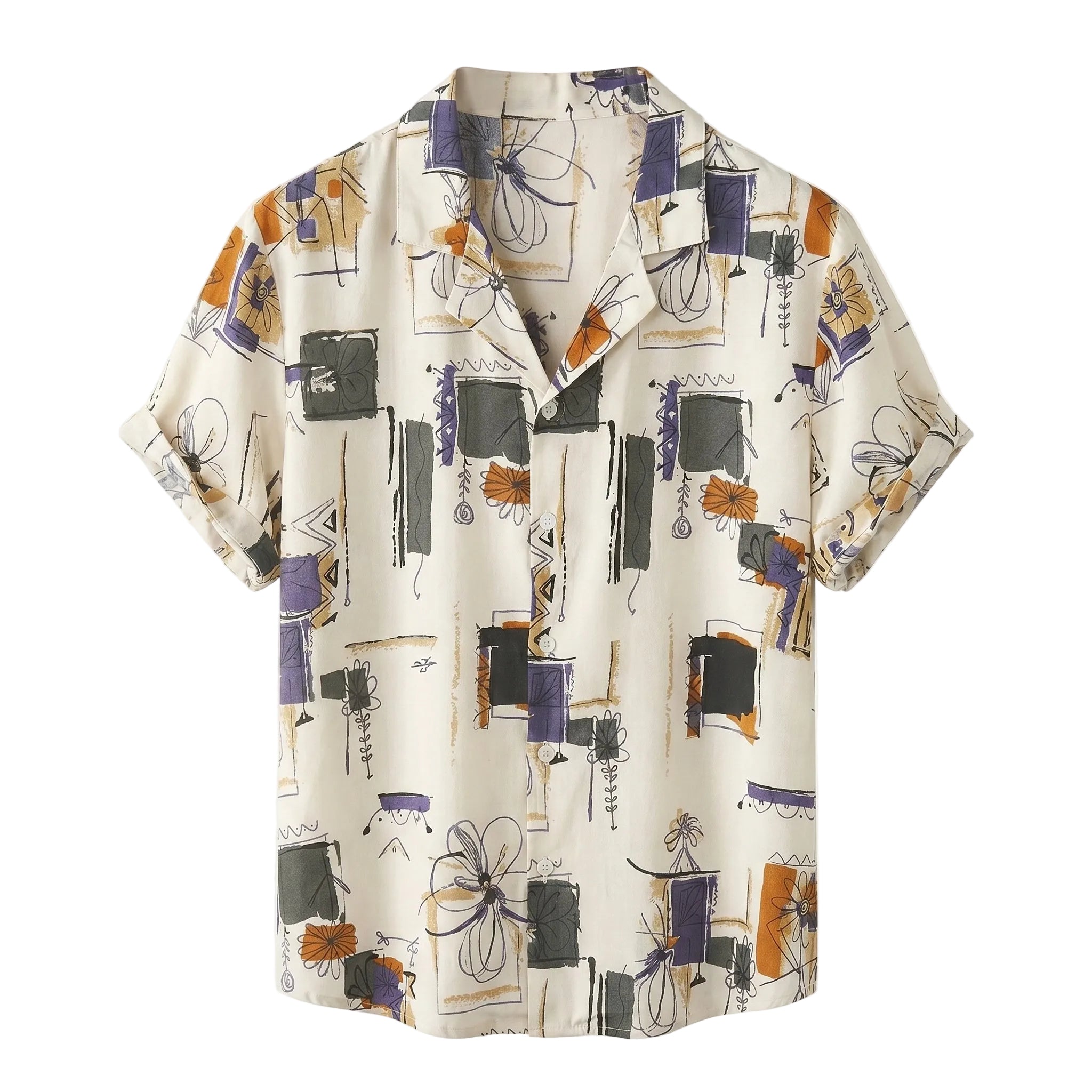 Ivory abstract print short-sleeve button-up summer shirt on a white background.