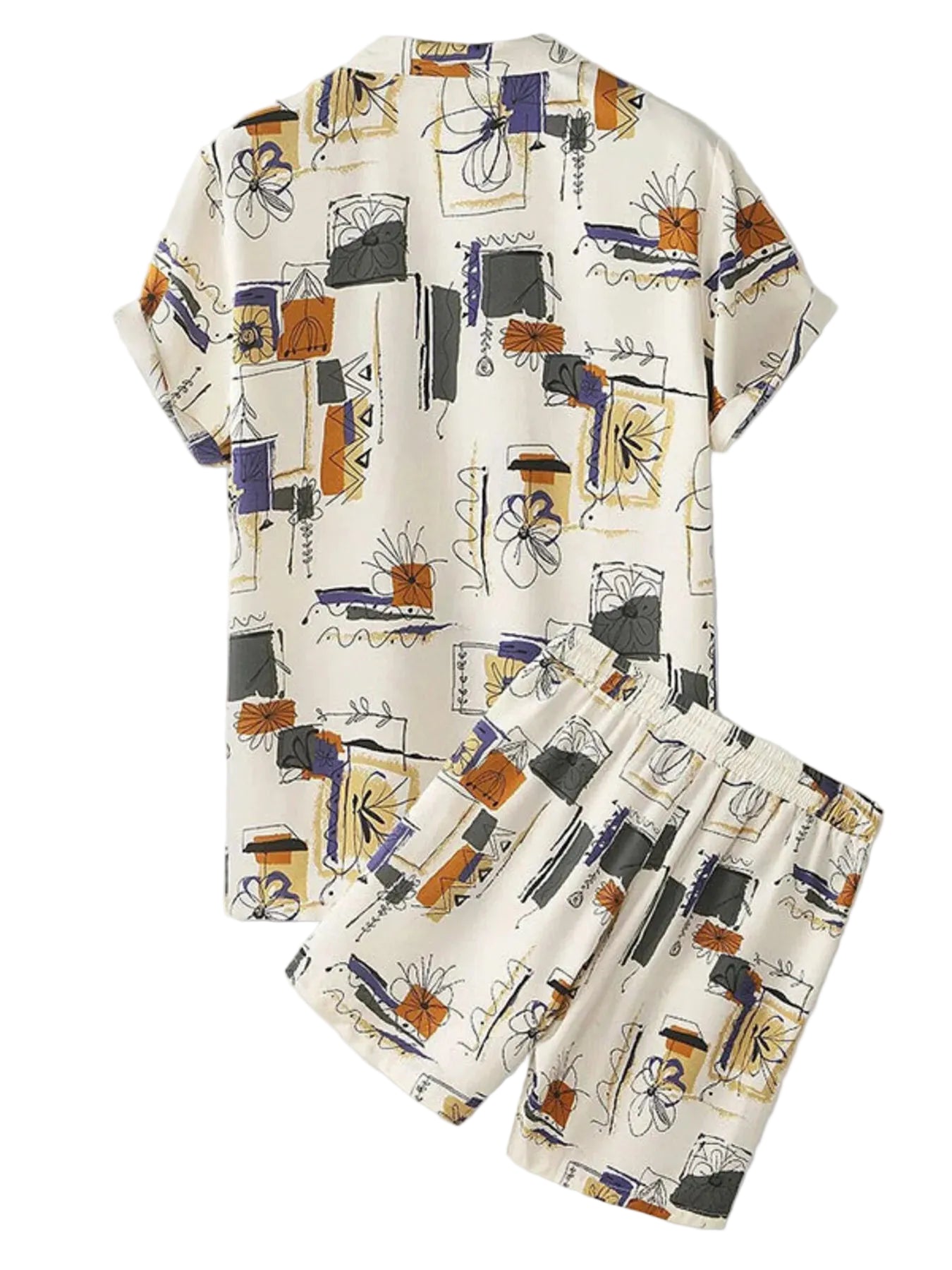 Ivory abstract print short-sleeve shirt with matching drawstring shorts on a white background.