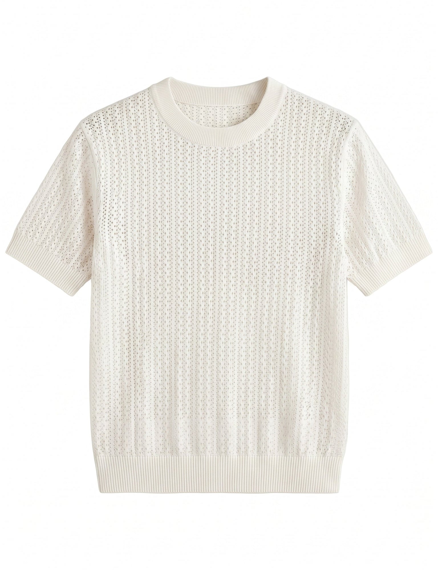 Ivory white men’s openwork knit crew neck T-shirt