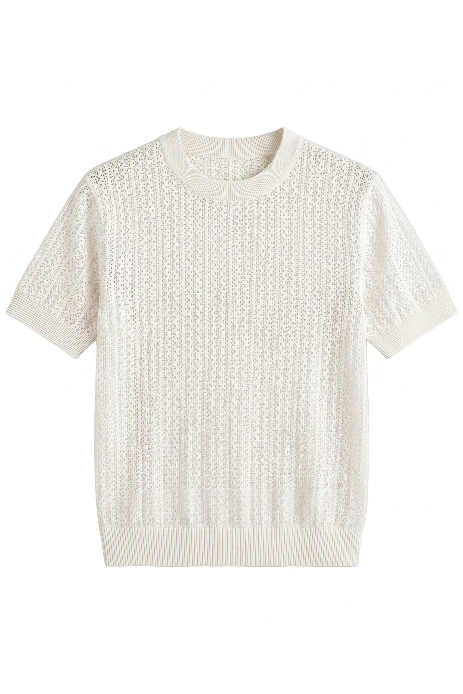 Ivory white men’s openwork knit crew neck T-shirt