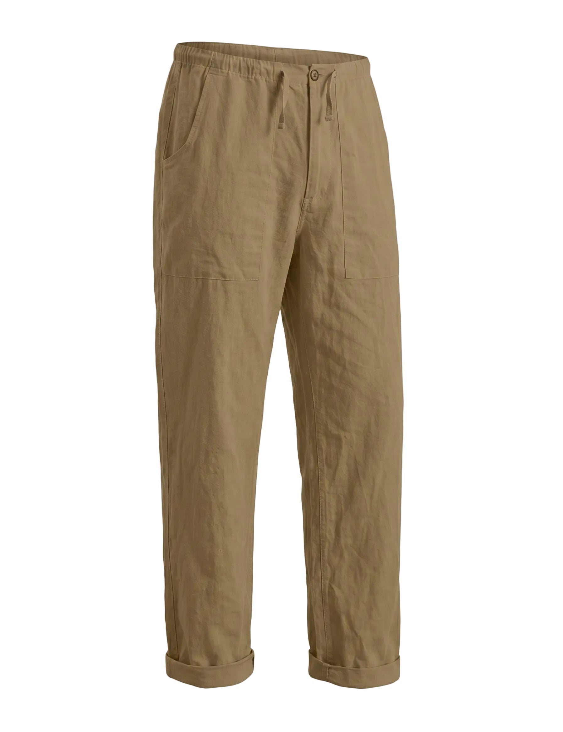 Khaki relaxed-fit casual pants on a white background.