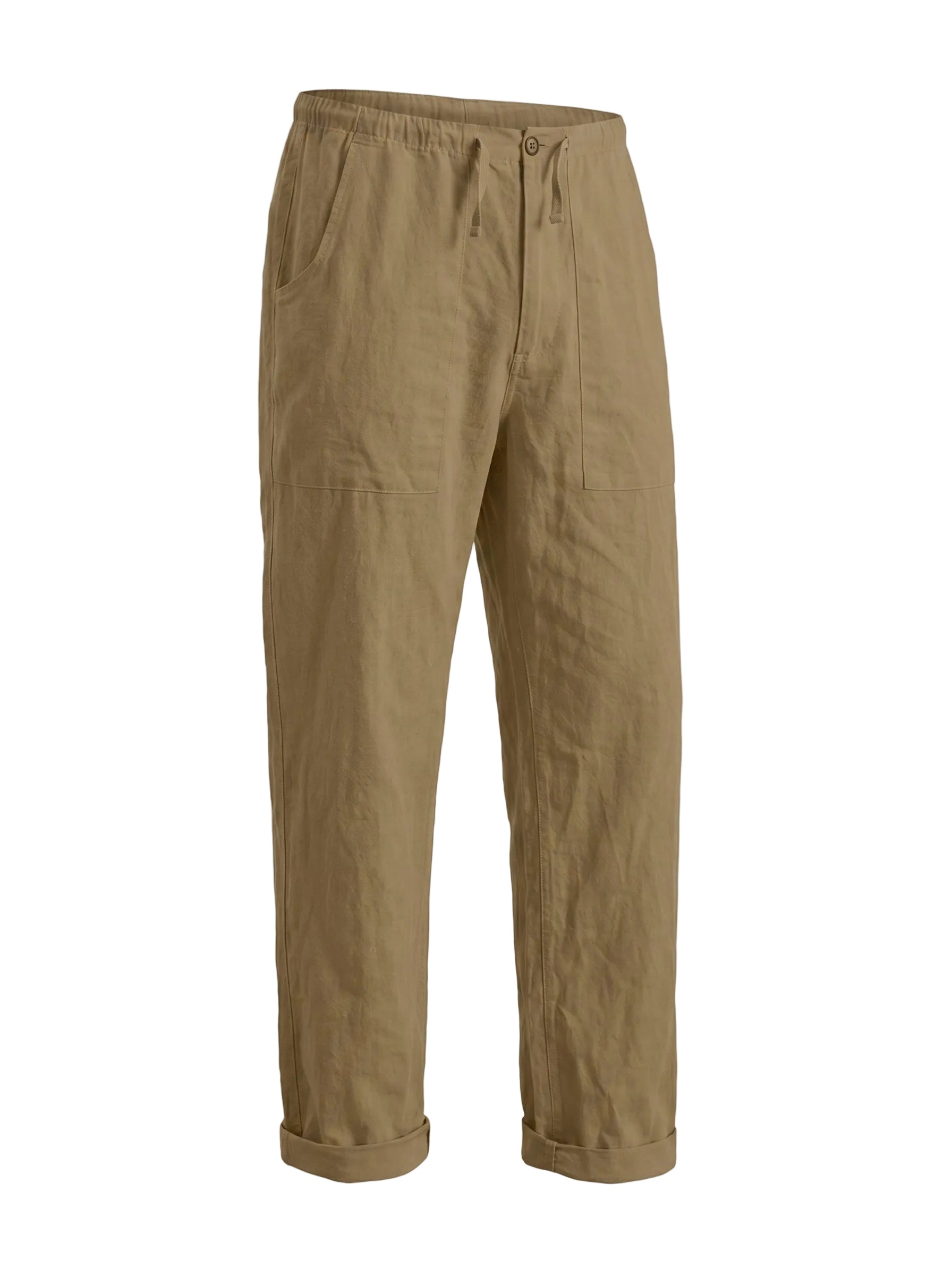 Khaki relaxed-fit casual pants on a white background.