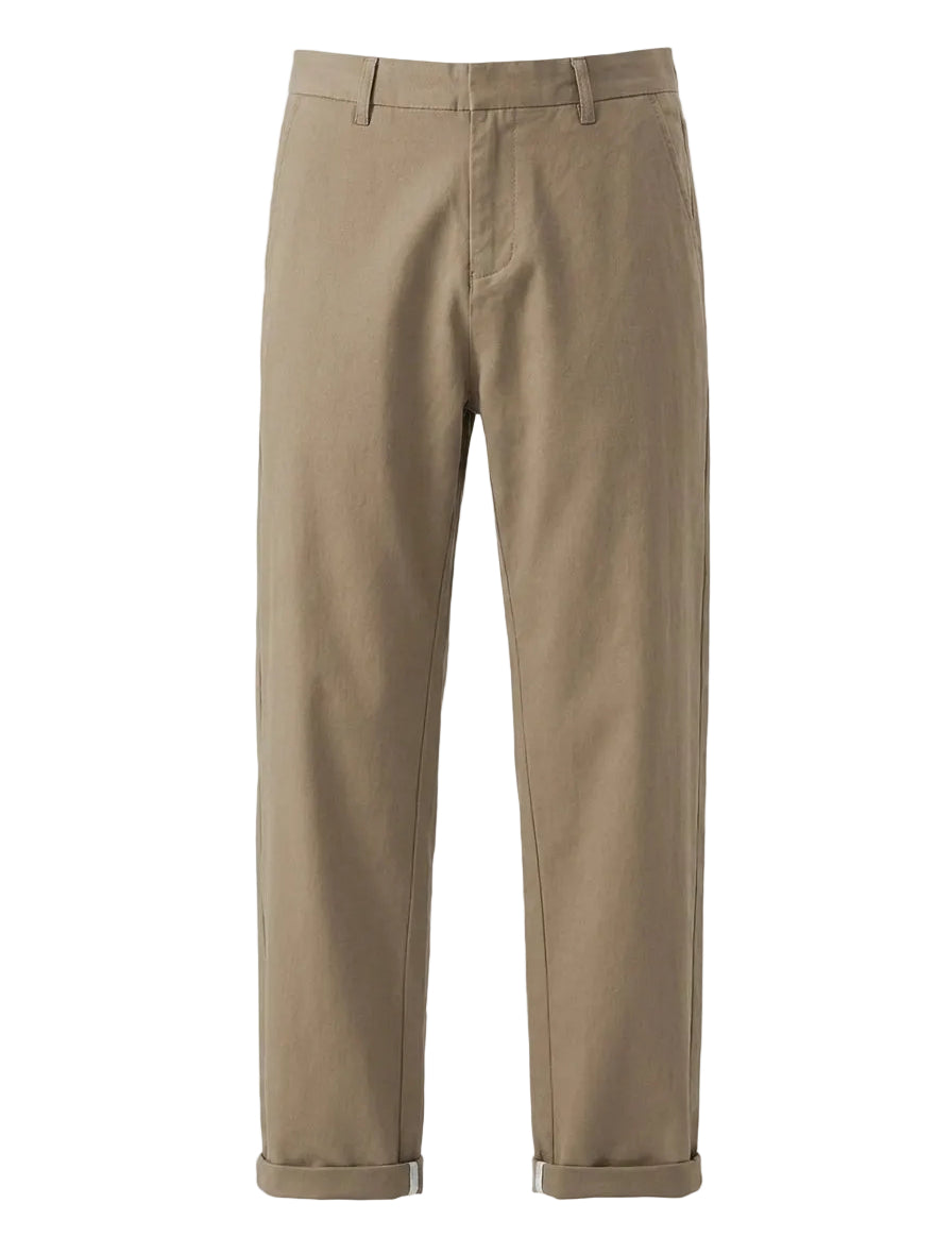 Khaki relaxed-fit casual pants with straight legs on a white background.