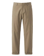 Khaki relaxed-fit casual pants with straight legs on a white background.