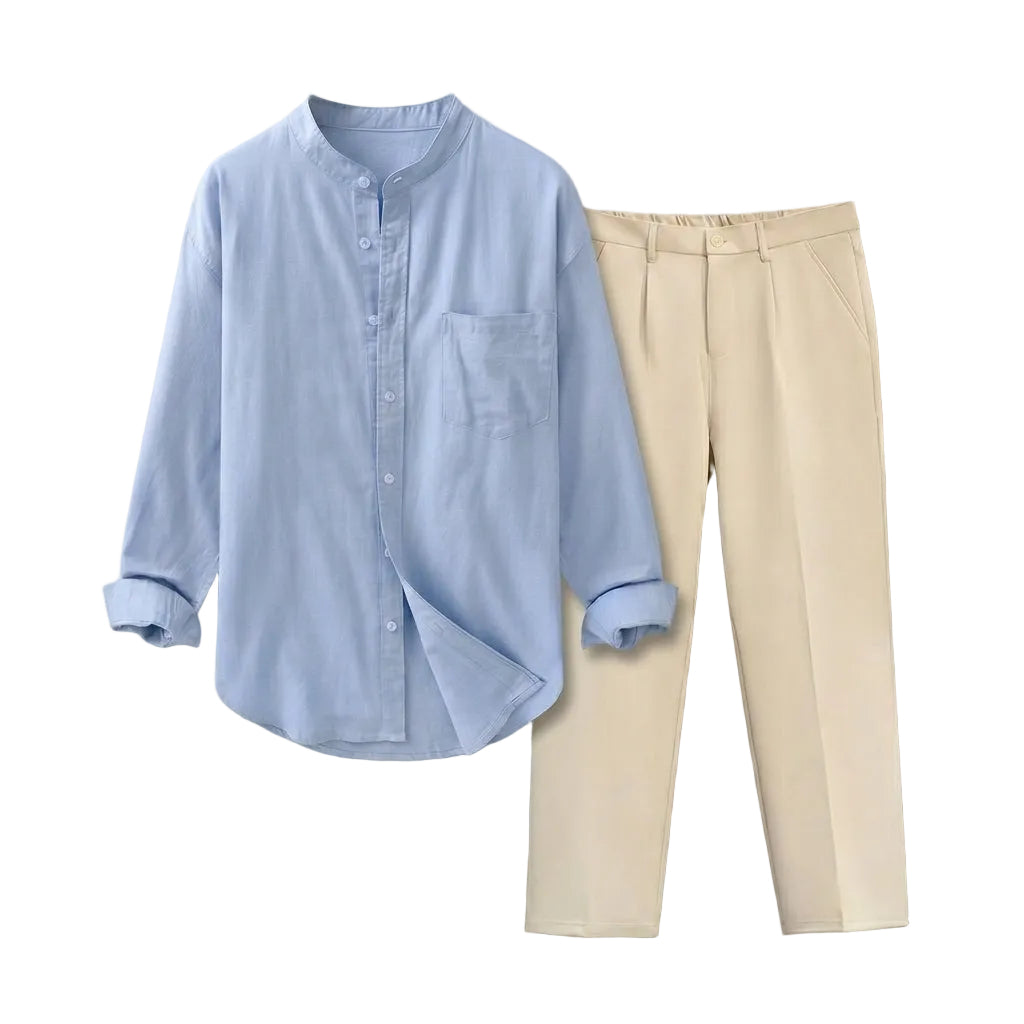 Light blue button-up shirt and beige pants on a light gray background