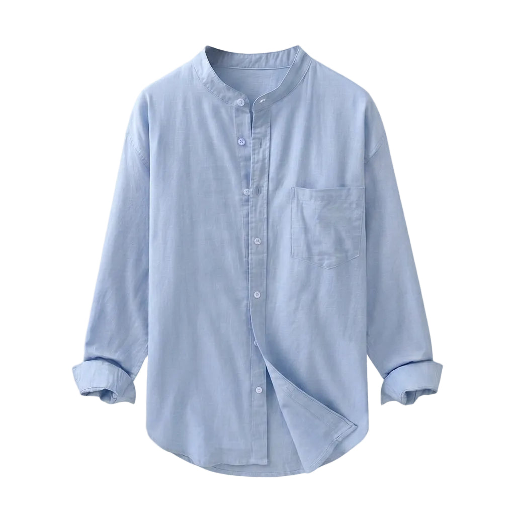 Light blue button-up shirt on a gray background