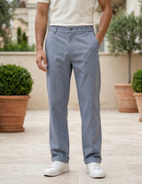 Light blue men’s relaxed waist trousers with clean straight fit bottom