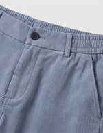 Light blue men’s relaxed waist trousers with clean straight fit close-up details