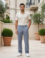 Light blue men’s relaxed waist trousers with clean straight fit lifestyle