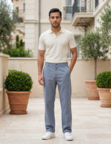 Light blue men’s relaxed waist trousers with clean straight fit lifestyle