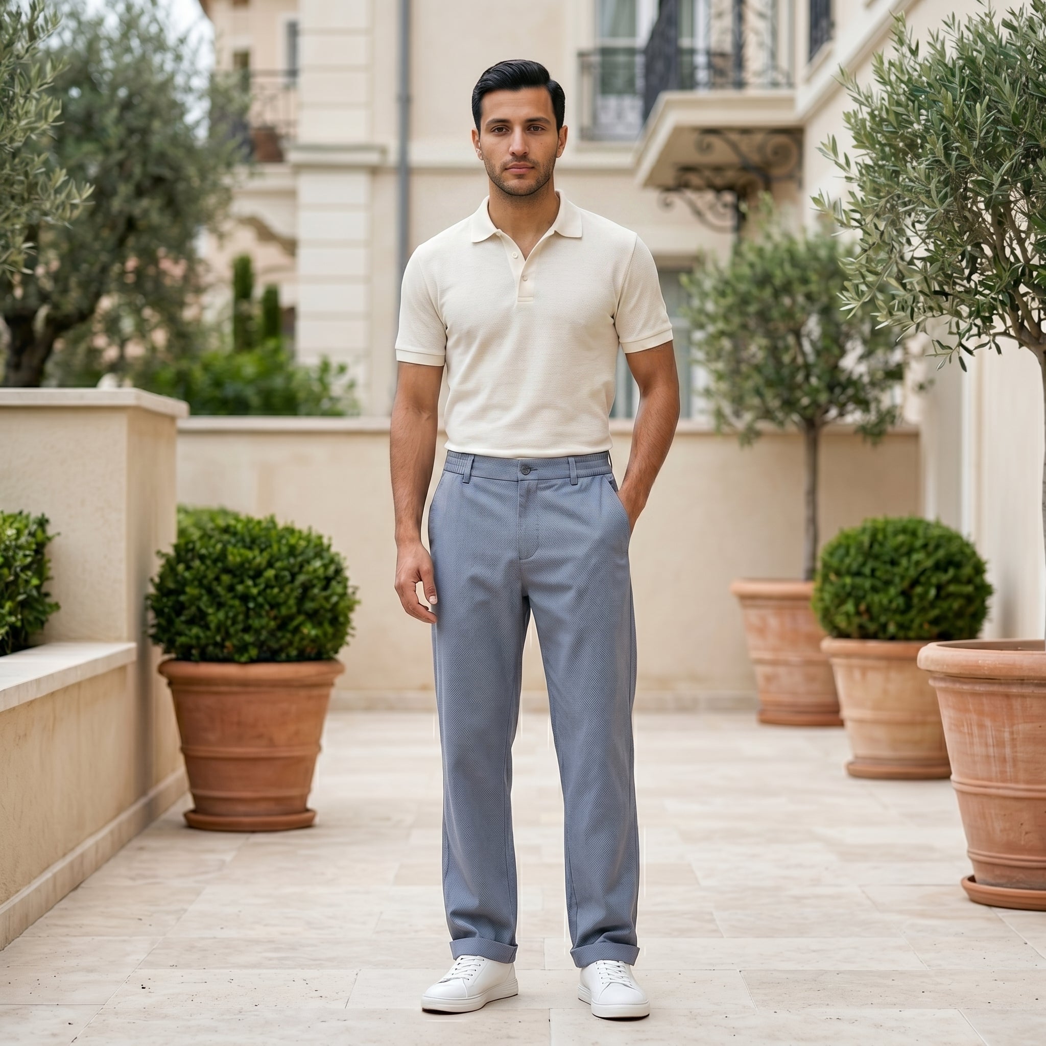 Light blue men’s relaxed waist trousers with clean straight fit lifestyle