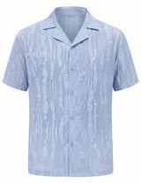 Light blue patterned short-sleeve shirt on a white background