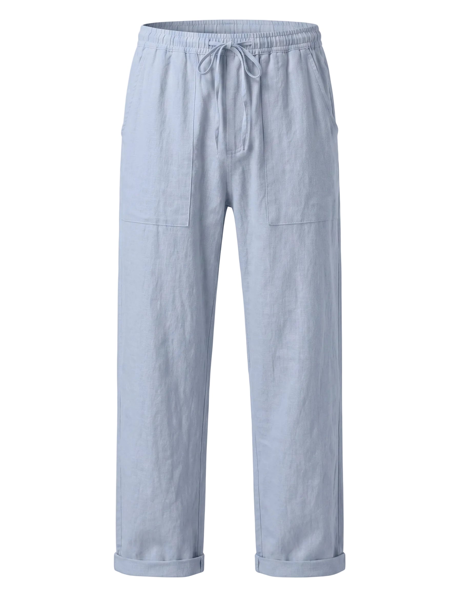 Light blue relaxed-fit casual pants on a white background.