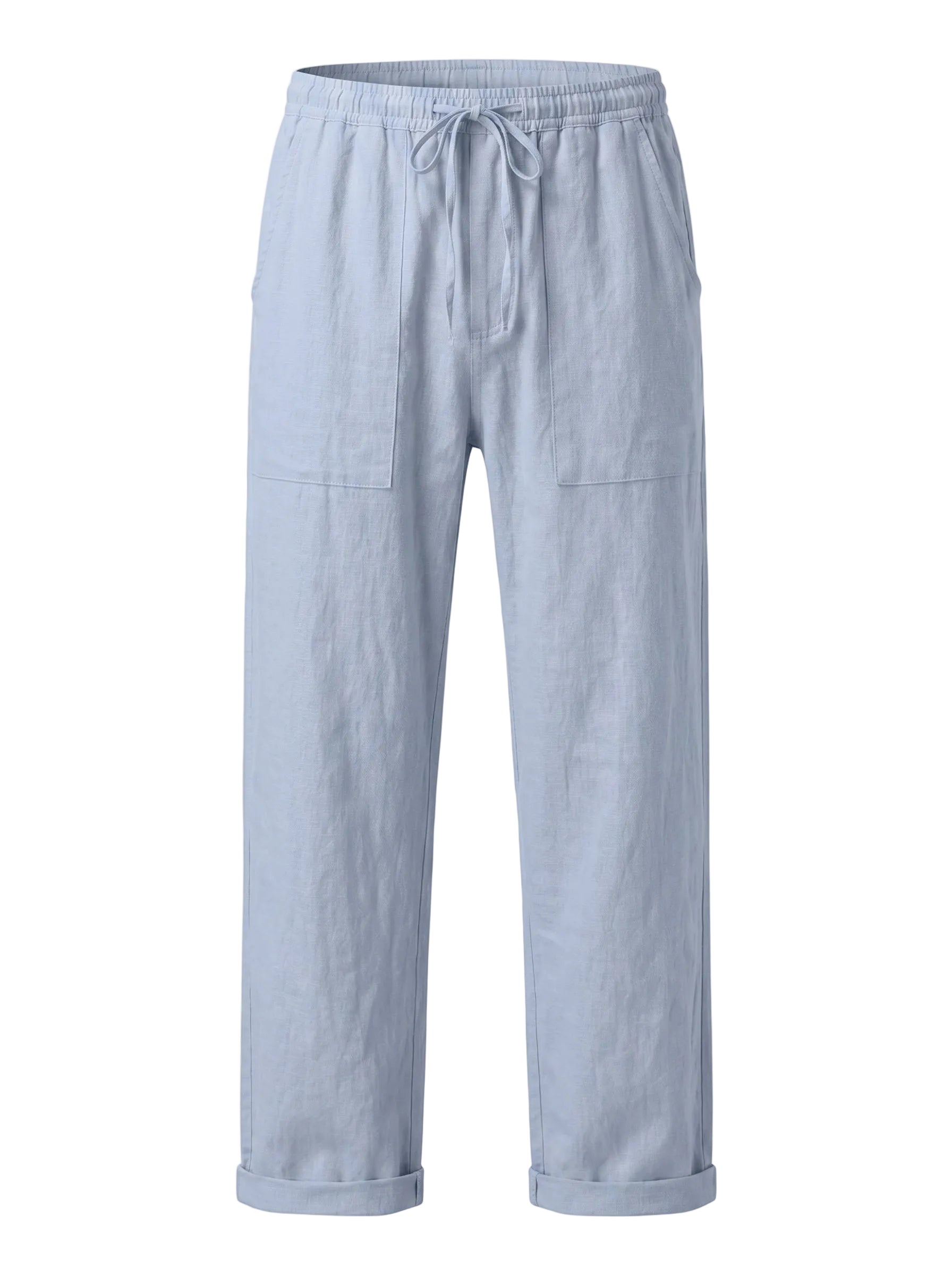Light blue relaxed-fit casual pants on a white background.
