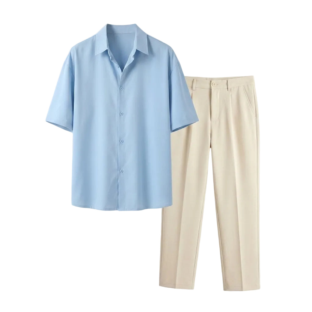 Light blue shirt and beige pants on a light gray background