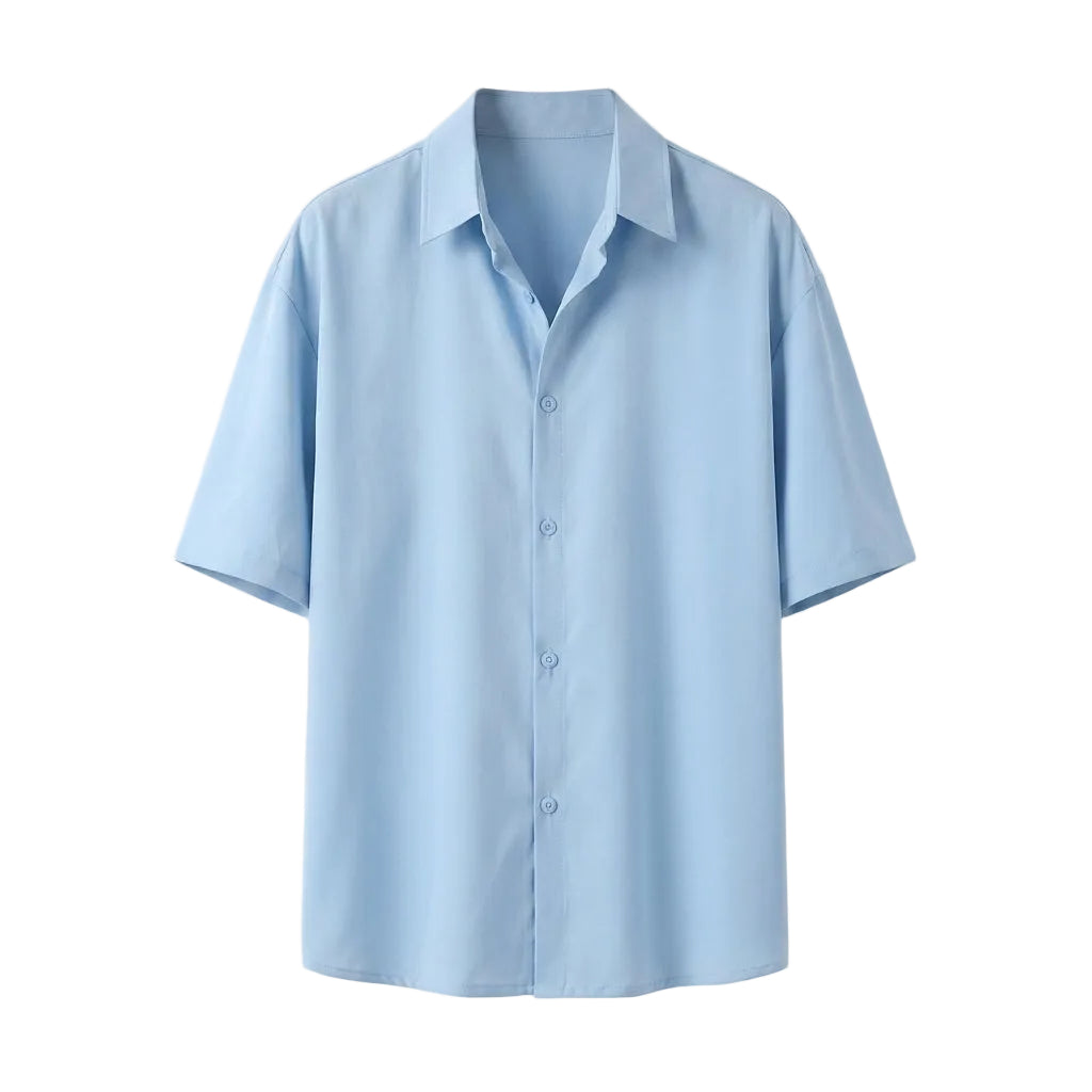 Light blue short-sleeve shirt on a light gray background