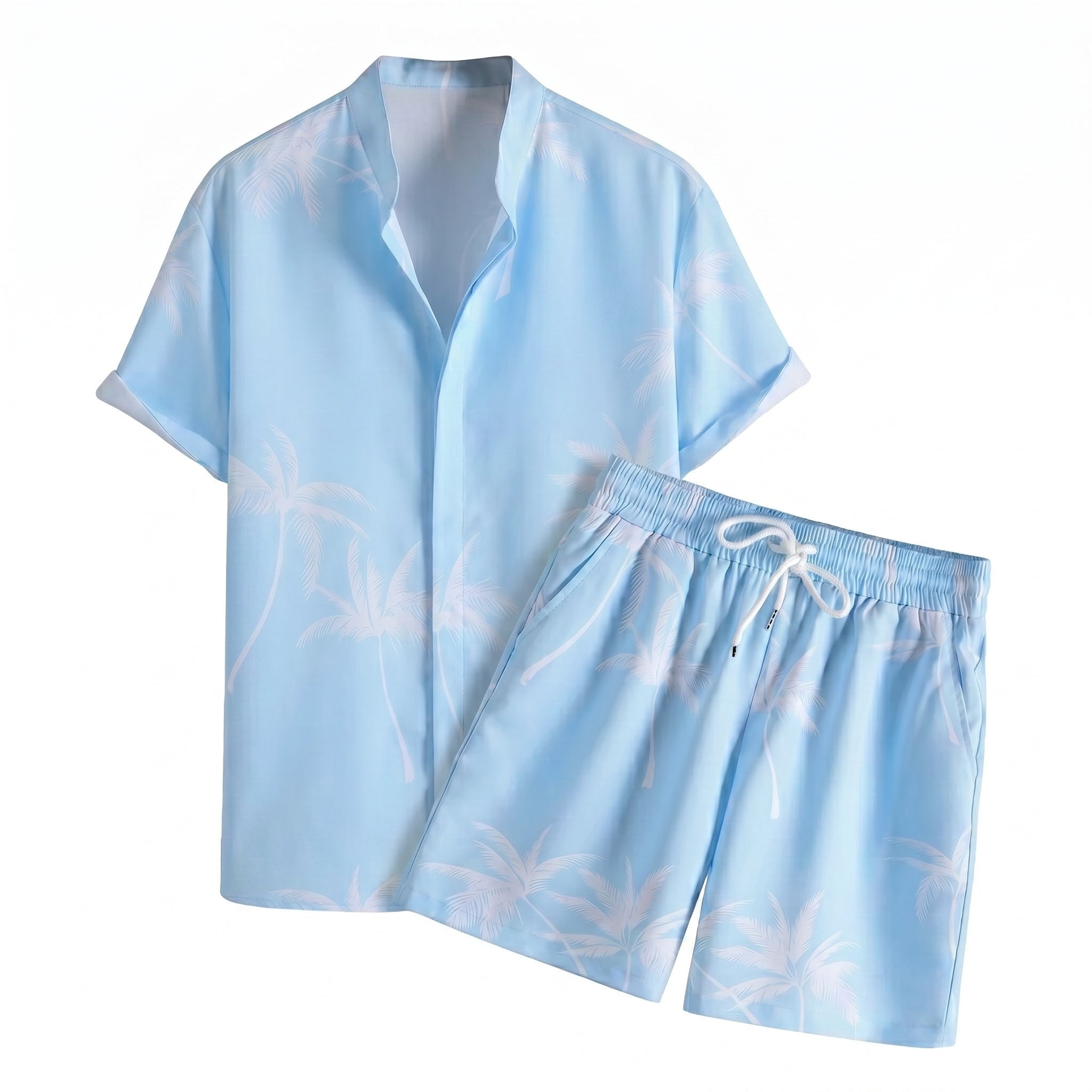 Light blue short-sleeve summer shirt with matching drawstring shorts on a white background.