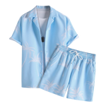 Light blue short-sleeve summer shirt with matching drawstring shorts on a white background.