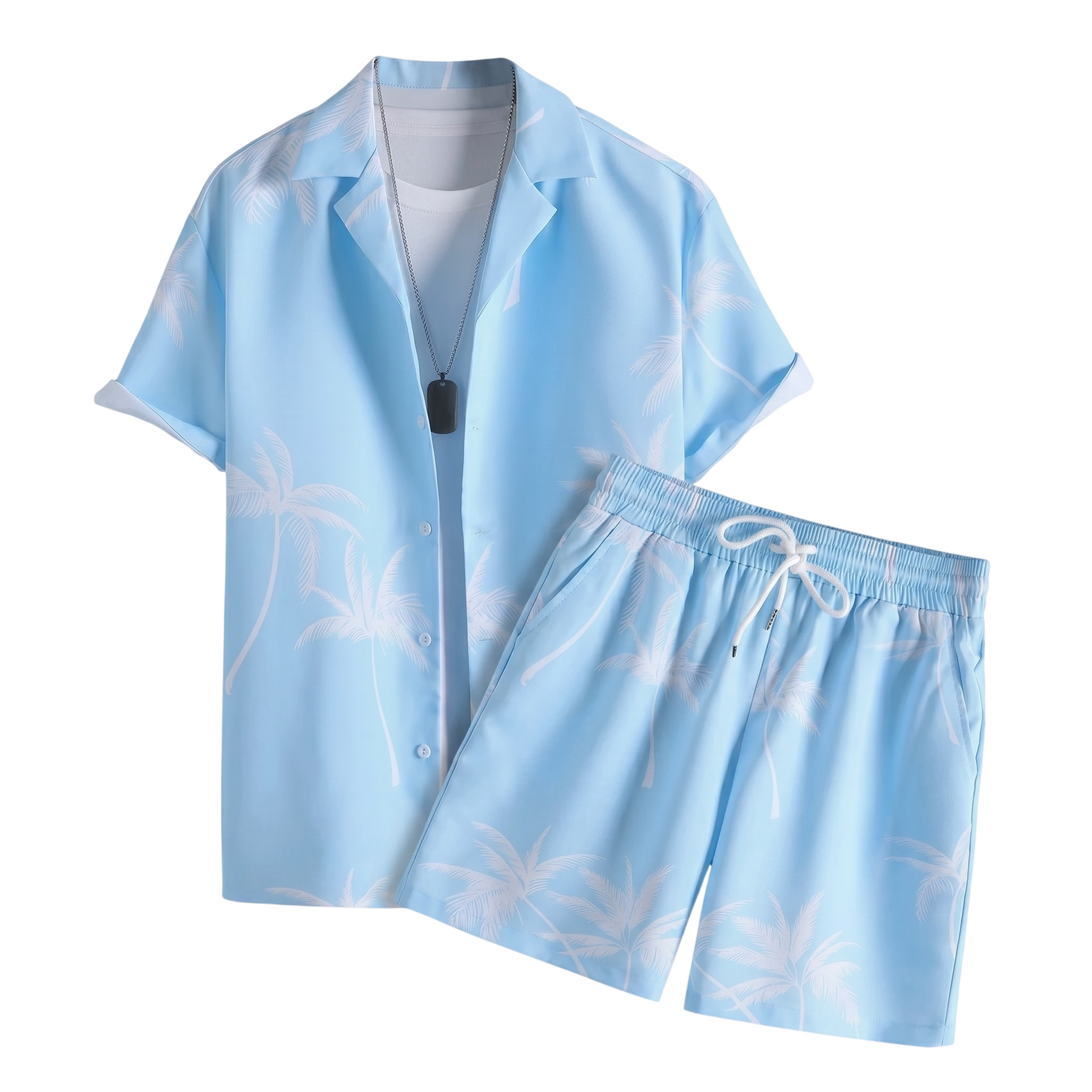 Light blue short-sleeve summer shirt with matching drawstring shorts on a white background.